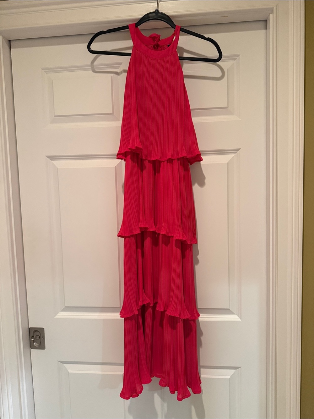 Tiered Pleated Halter Dress in Bright Pink